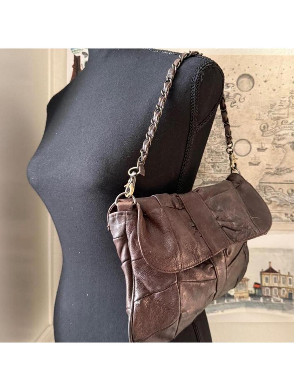 Vintage Y2K 7Chi Brown Leather Patchwork Shoulder Bag